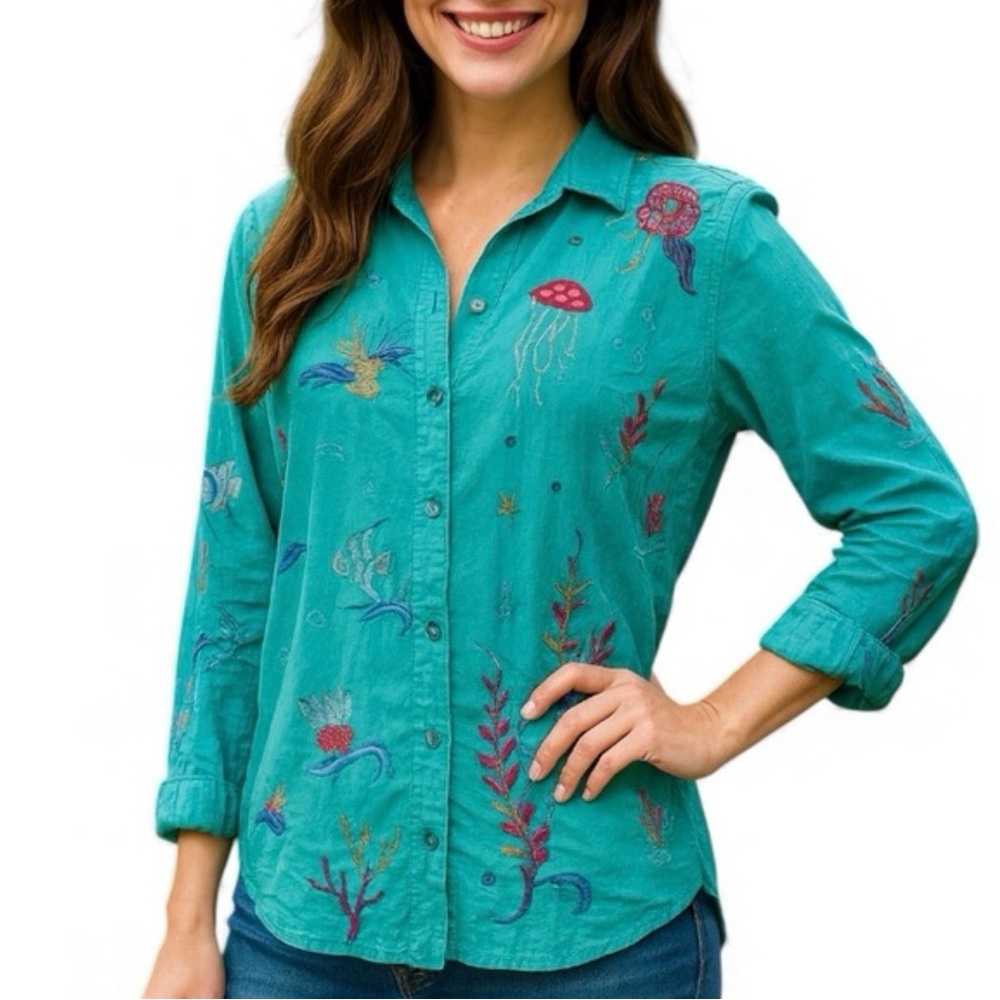 Johnny Was Lapis Sea Teal Embroidered Button-Down Shirt Ocean Vacation Ocean XL